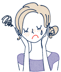 頬の肌荒れやシミに悩み、涙を流して悲しんでいる女性の困り顔のイラスト。