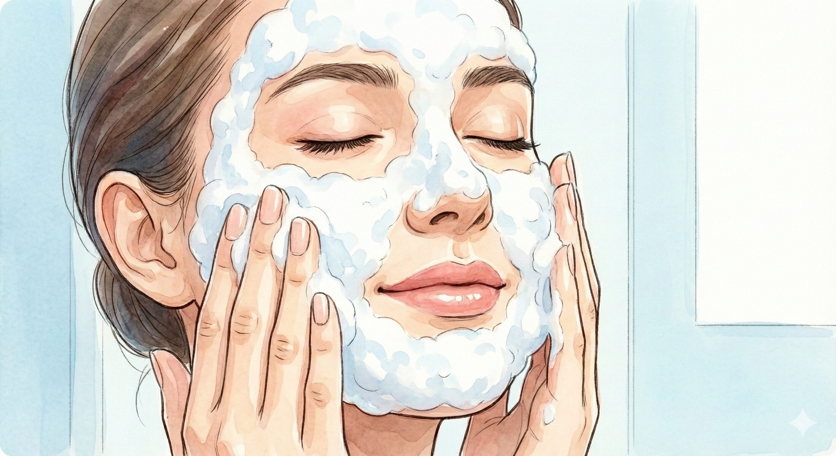 摩擦などの刺激を避けて、たっぷりの泡で優しく洗顔をしている女性のイラスト