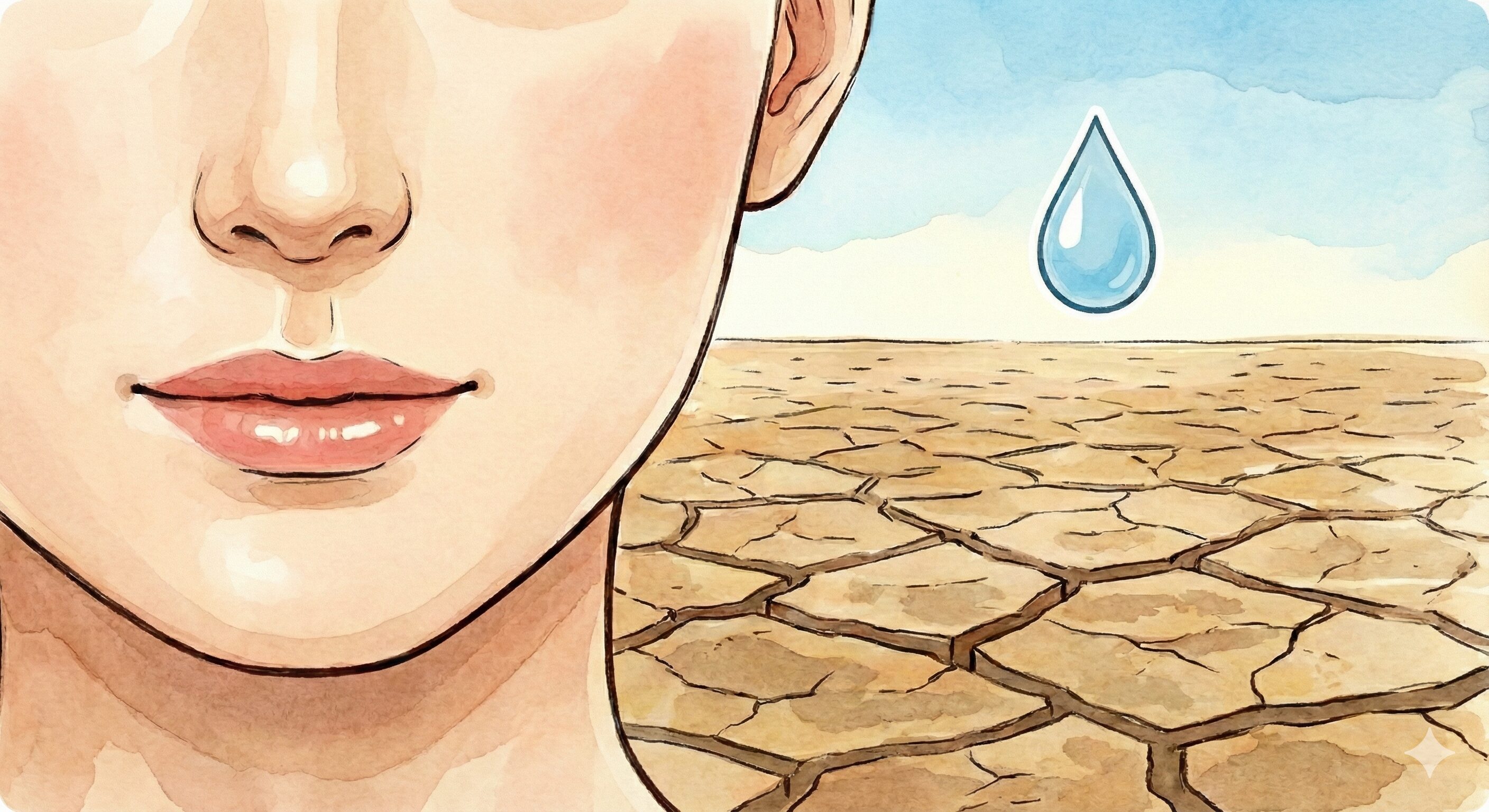乾燥肌の特徴を表すイメージ図：水分不足の肌とひび割れた大地