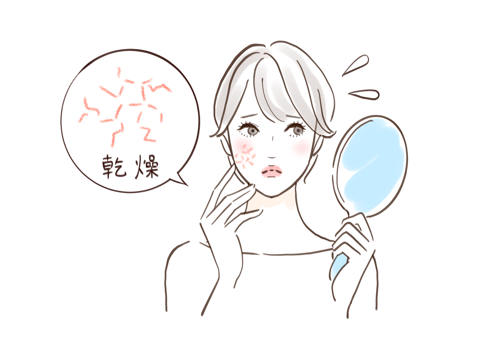 顔のたるみの原因となる肌の乾燥に悩む女性のイラスト