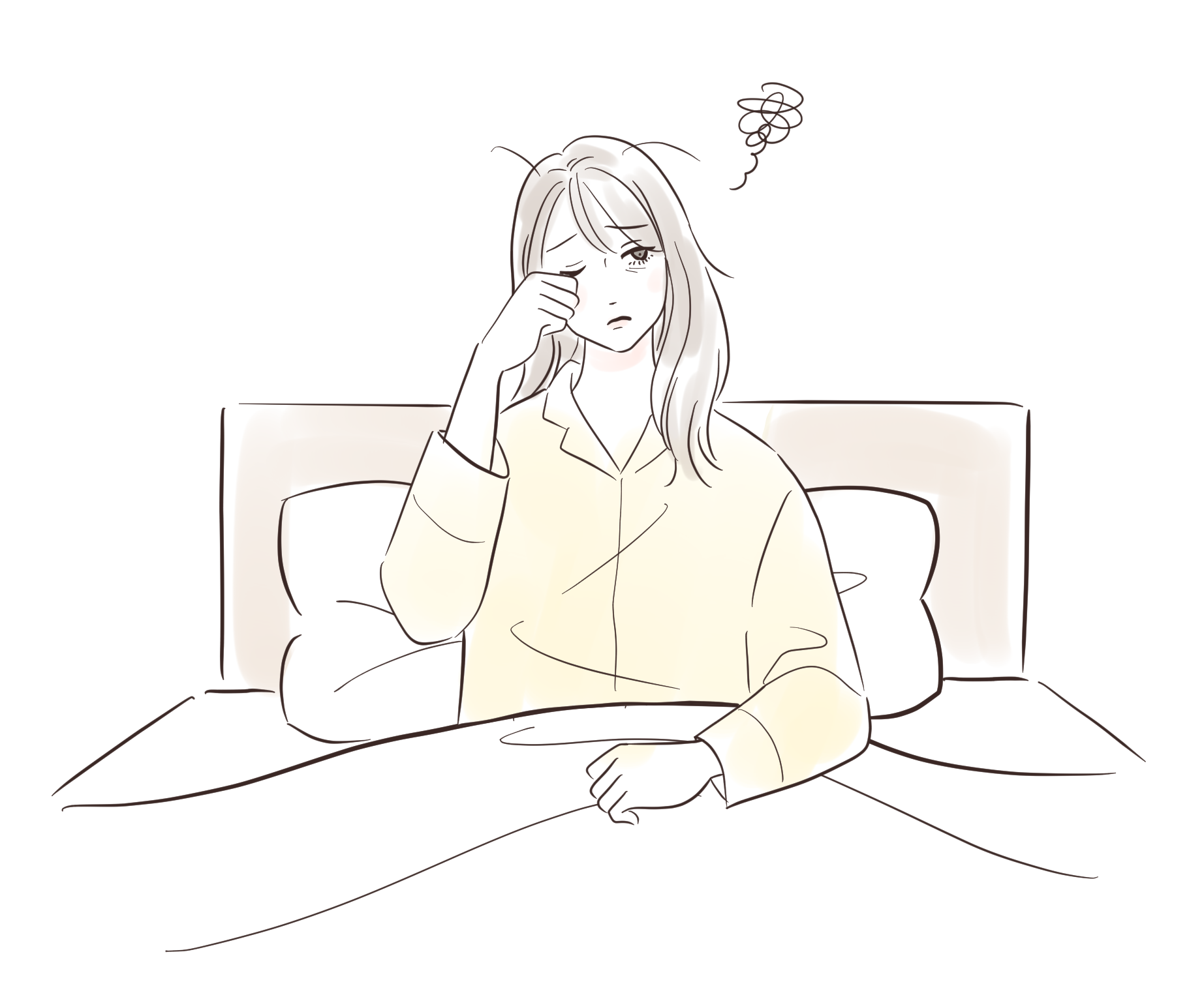 顔のたるみの原因となる睡眠不足に悩む女性のイラスト