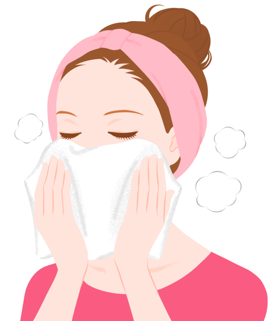 蒸しタオルを顔に当てているイラスト。自宅で実践できる肌ケアの様子