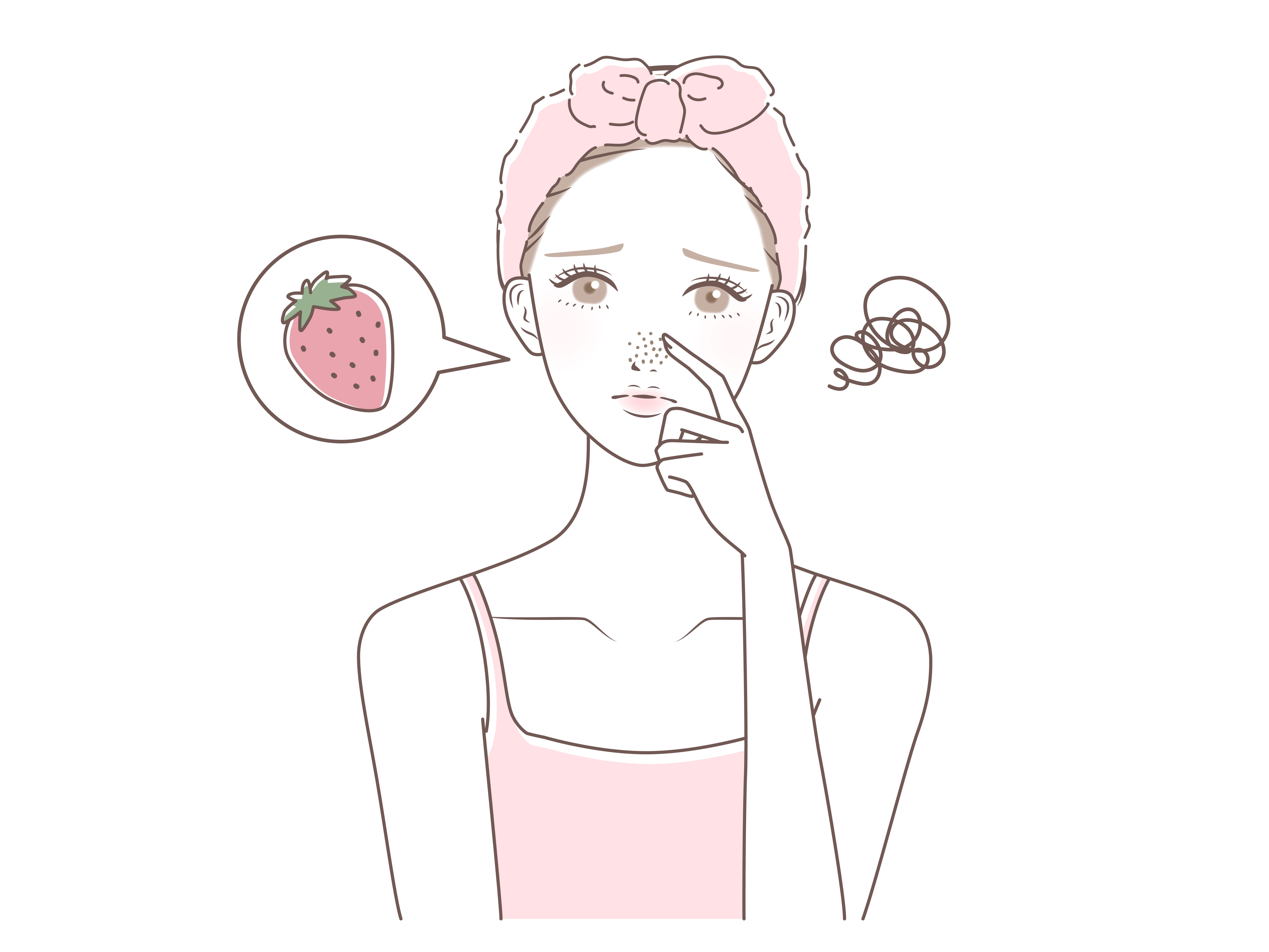 鼻の毛穴の黒ずみを「いちご鼻」として悩み、肌をチェックする女性のイラスト
