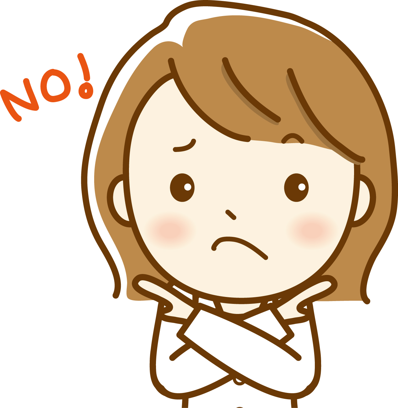 腕をクロスさせてバツ印を作り、困ったような表情をしている女性のイラスト。「NO!」という文字が添えられ、間違った習慣や注意すべき点があることを示している図。