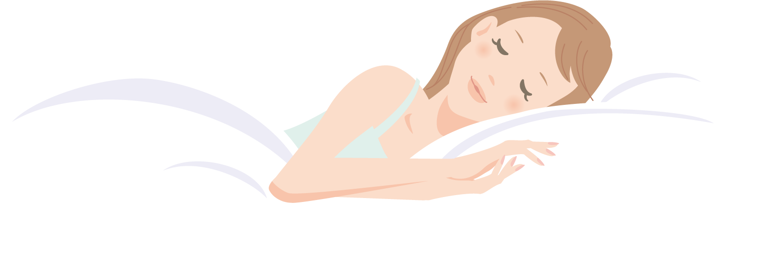 ベッドで安らかに眠る女性のイラスト。美肌を作るために欠かせない睡眠習慣の解説図