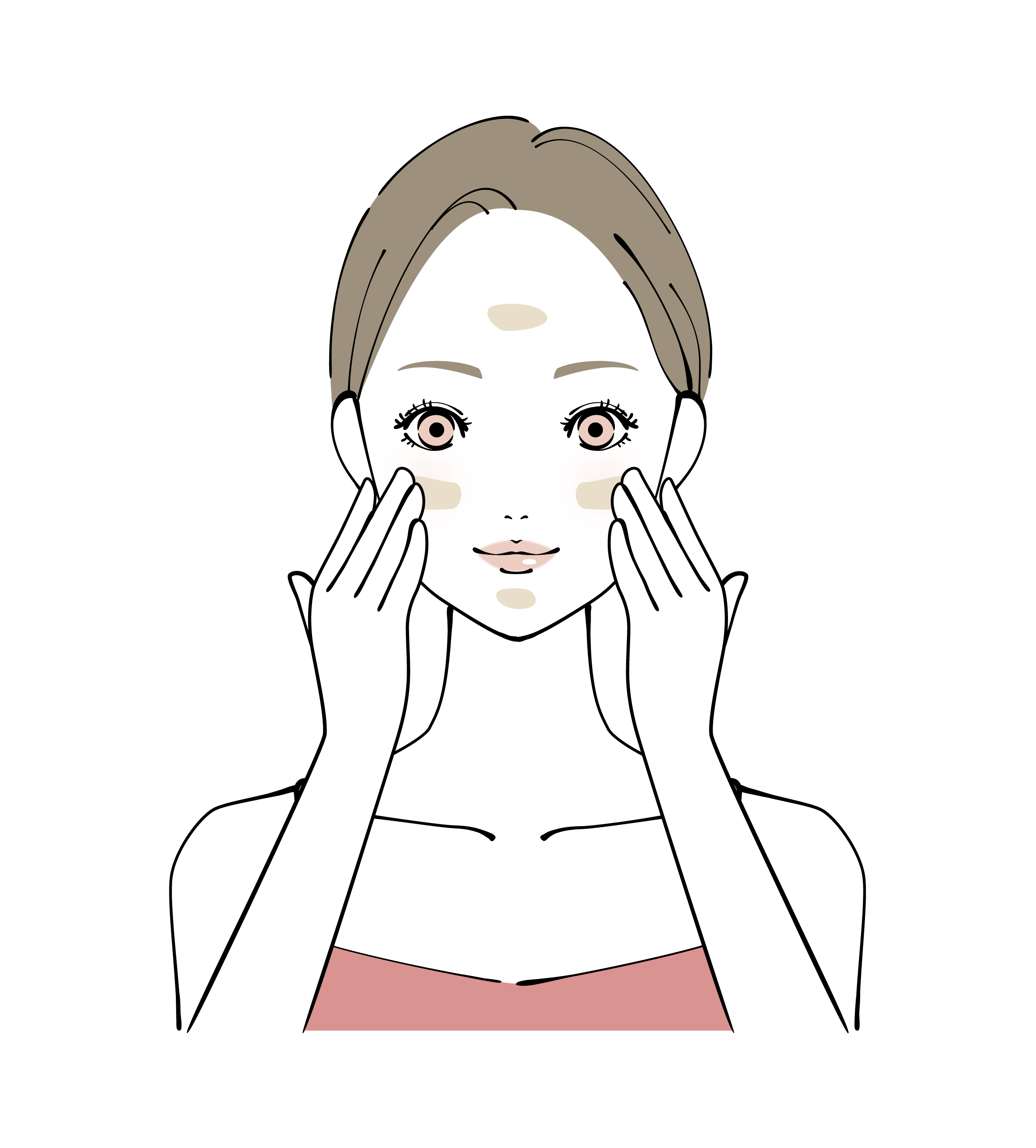 化粧品や日焼け止めを顔に点置きし、こすらず優しくなじませる女性のイラスト