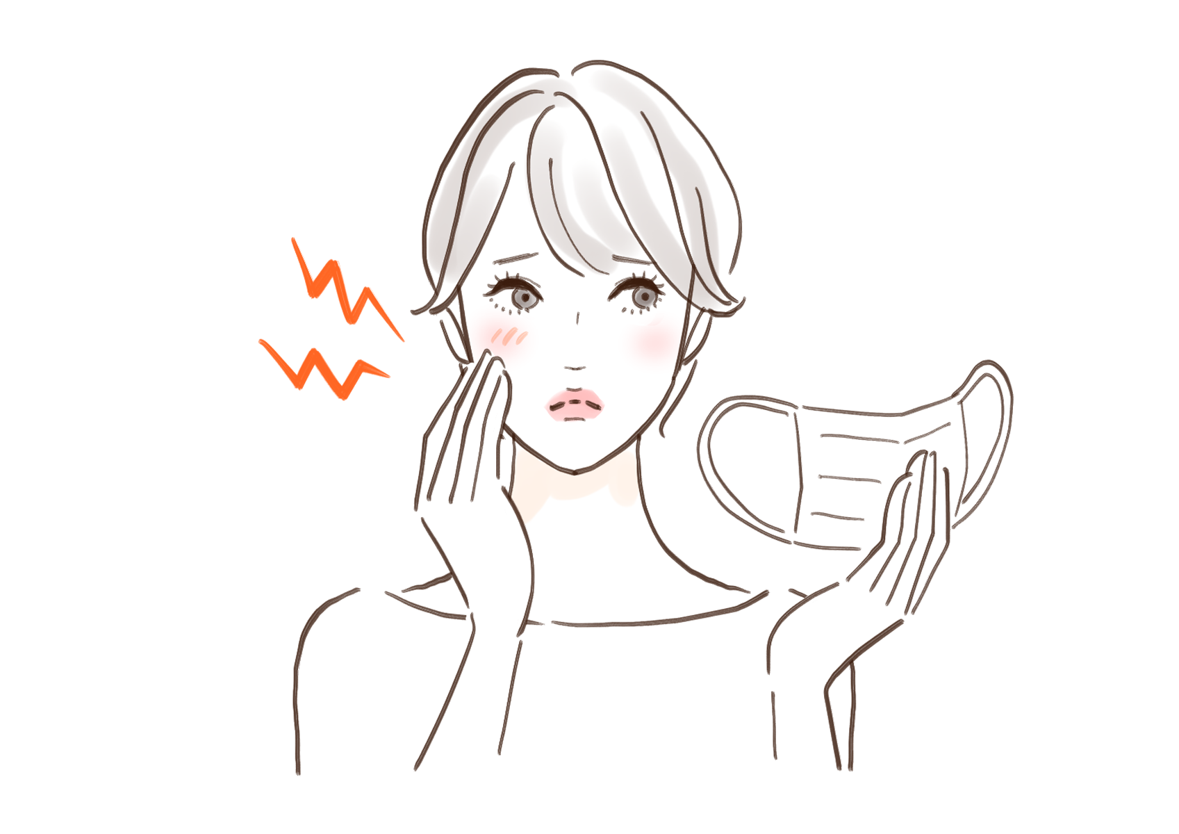 頬の赤みが気なる女性がマスクを外して頬をさわる女性のイラスト