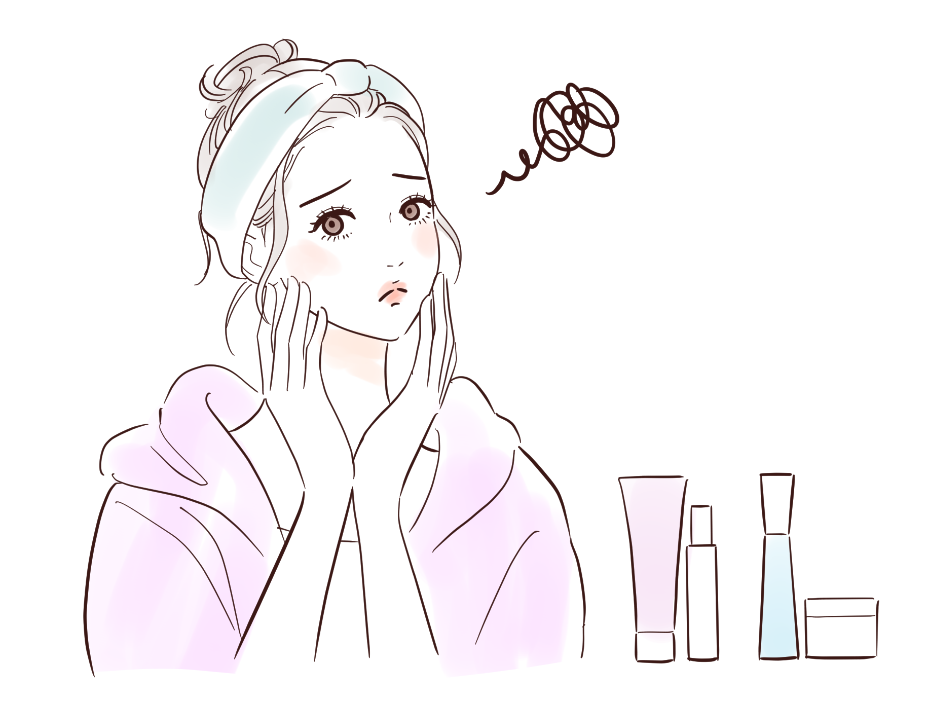 肌トラブルやスキンケア選びに悩む女性のイラスト