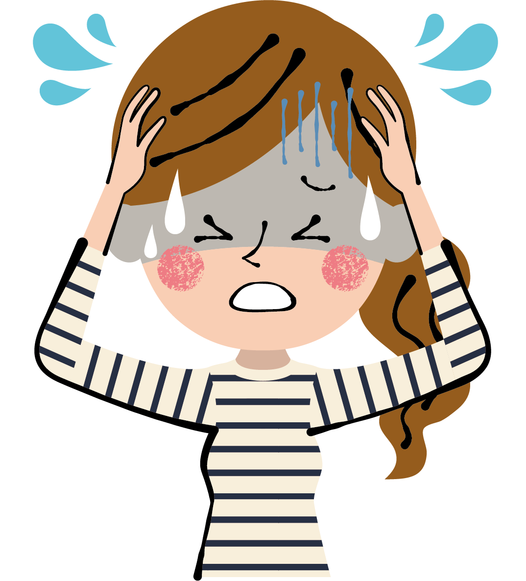 汗による肌のざらつきや乾燥トラブルに悩み、頭を抱えて困った表情を見せる女性のイラスト