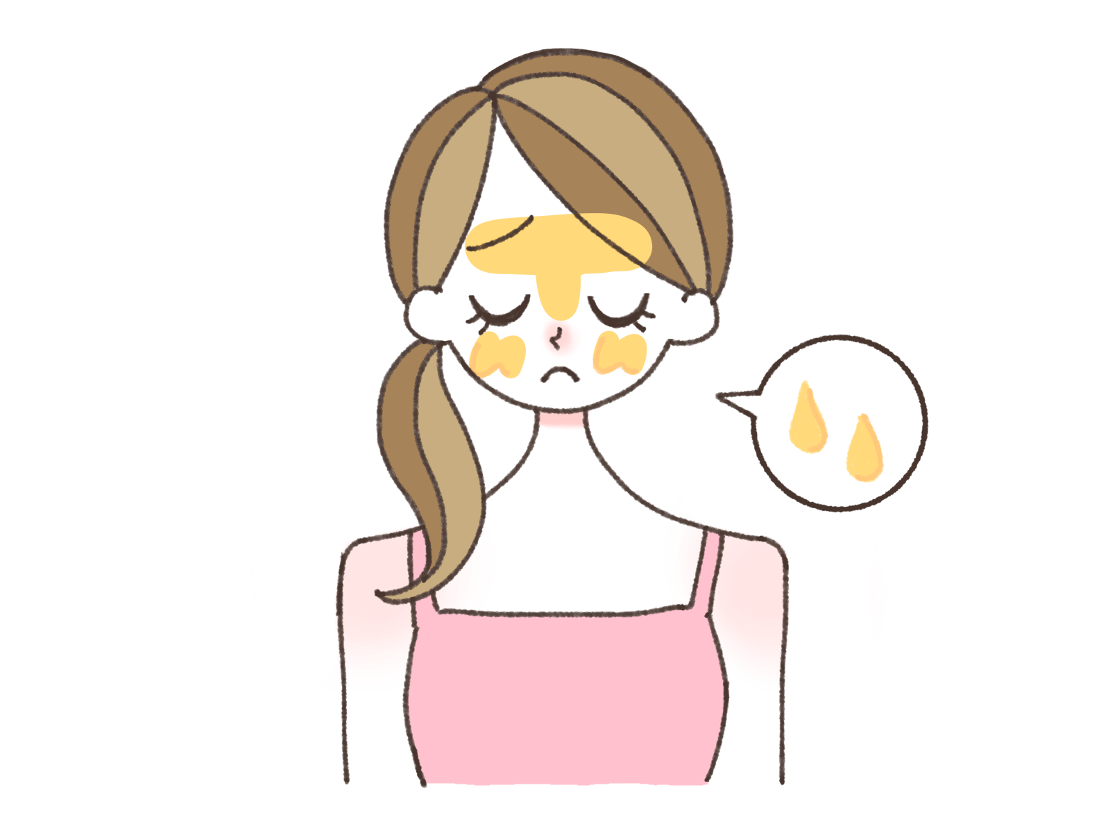 Tゾーンや頬のテカリ・皮脂に悩む女性のイラスト
