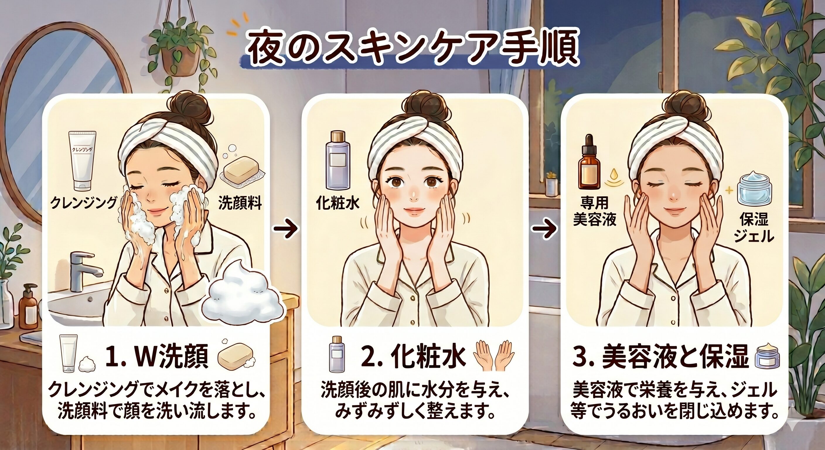 夜のスキンケア手順(1.W洗顔、2.化粧水、3.美容液と保湿)の3ステップを解説したイラスト