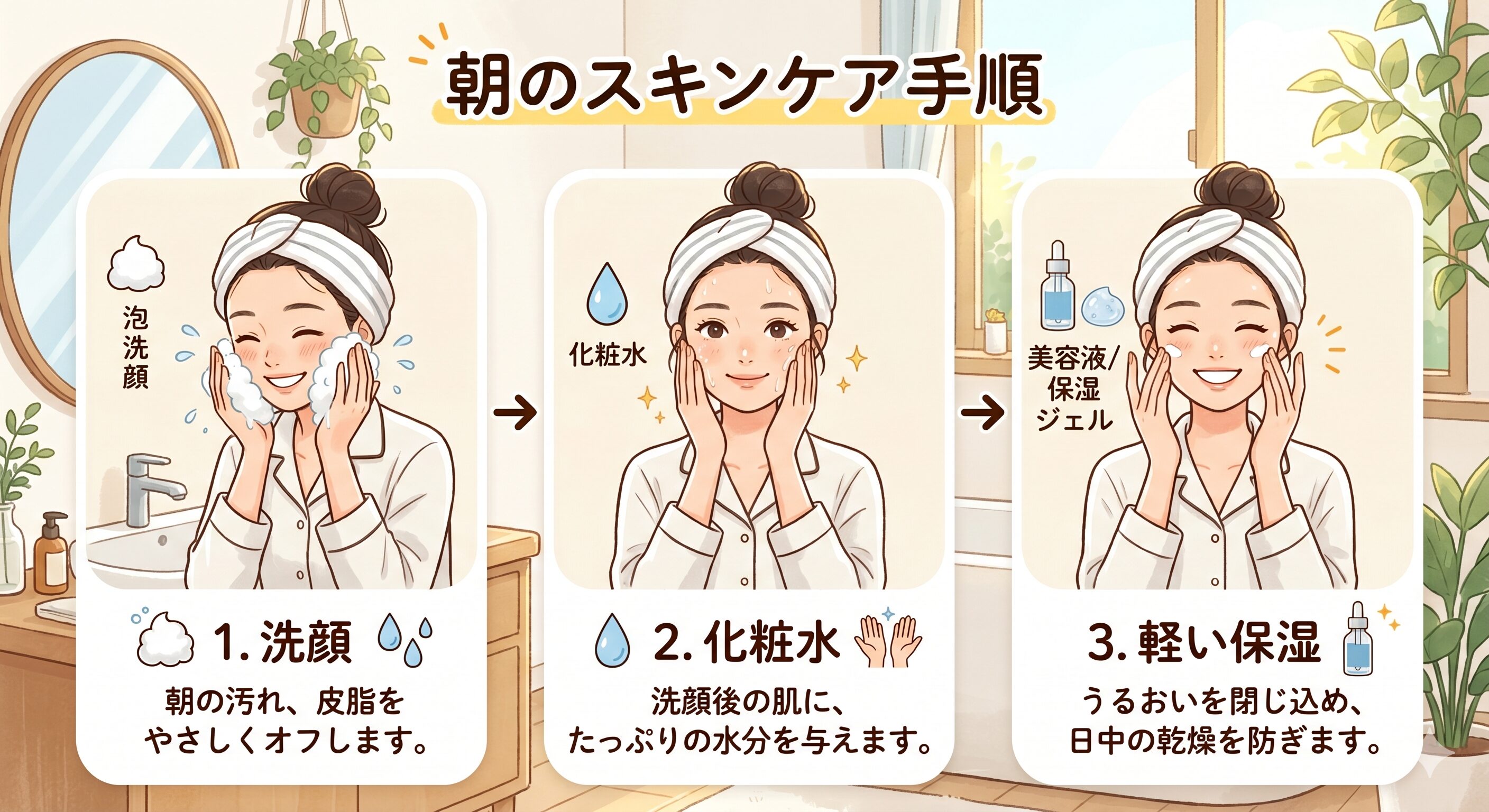 朝のスキンケア手順(1.洗顔、2.化粧水、3.軽い保湿)の3ステップを解説したイラスト