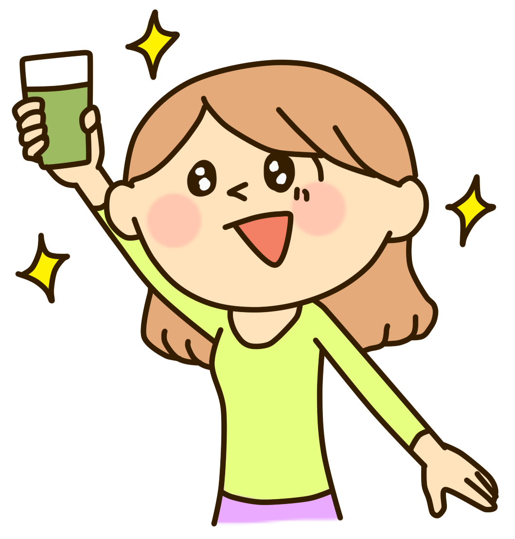 青汁のグラスを掲げて元気に微笑む女性のイラスト