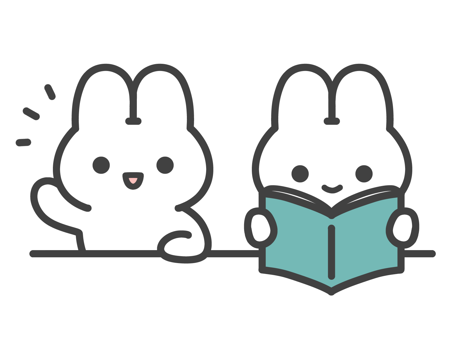 並んで座り、1匹が本を読み、もう1匹が笑顔で手を上げている白いうさぎのキャラクターのイラスト。