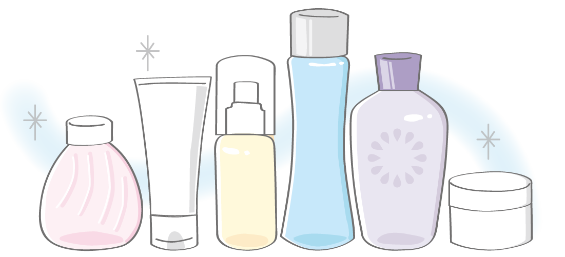 化粧水、美容液、乳液、クリームなどをイメージした、様々な形や色のスキンケア化粧品容器が並ぶ解説イラスト。