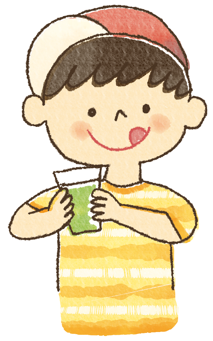 青汁の入ったグラスを両手で持ち、舌を出して嬉しそうに微笑む男の子のイラスト