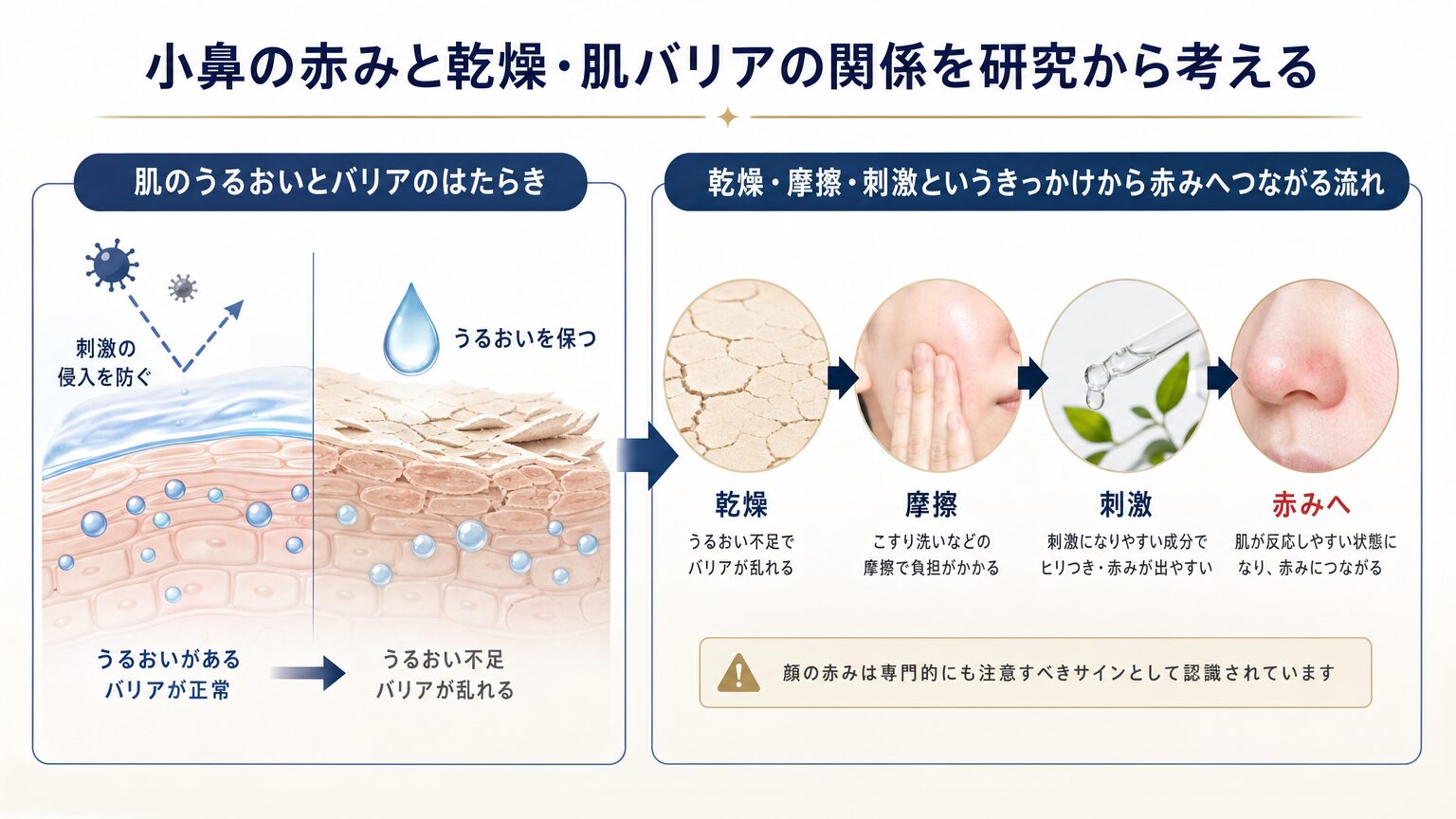 小鼻の赤みと乾燥・肌バリアの関係を示すイメージ