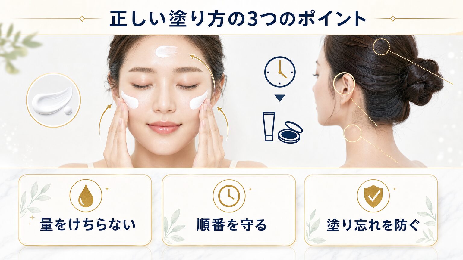 日焼け止めの正しい塗り方と塗り直しのイメージ