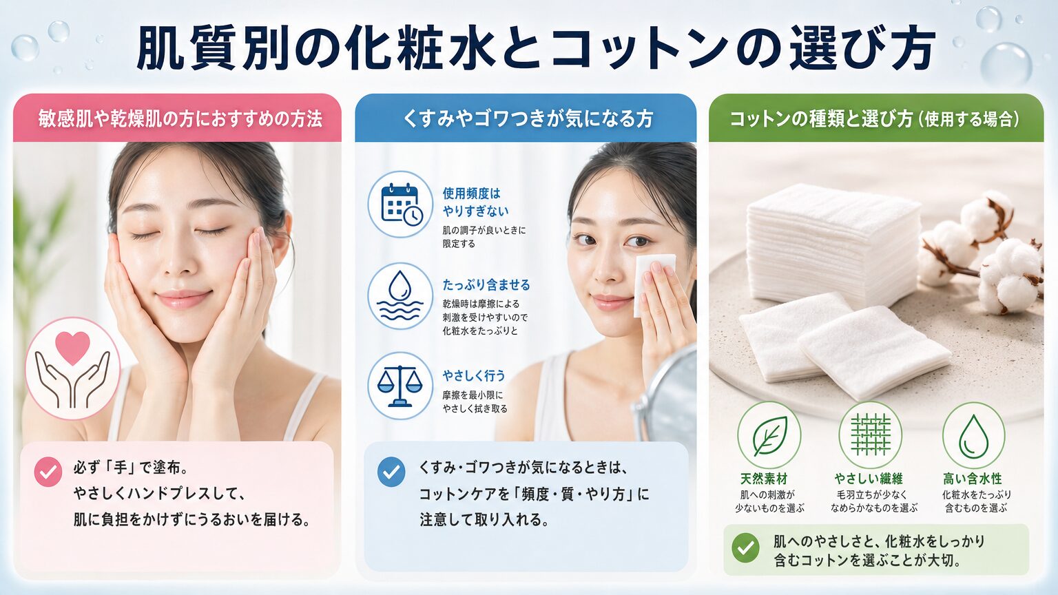 肌質別の化粧水とコットンの選び方