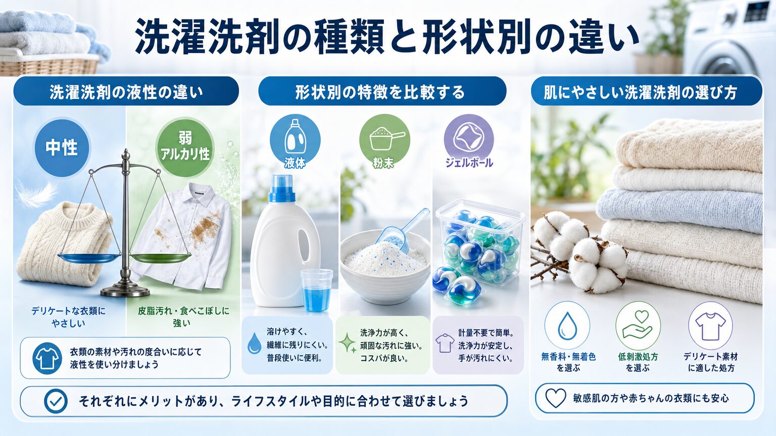 洗濯洗剤の種類と形状別の違い