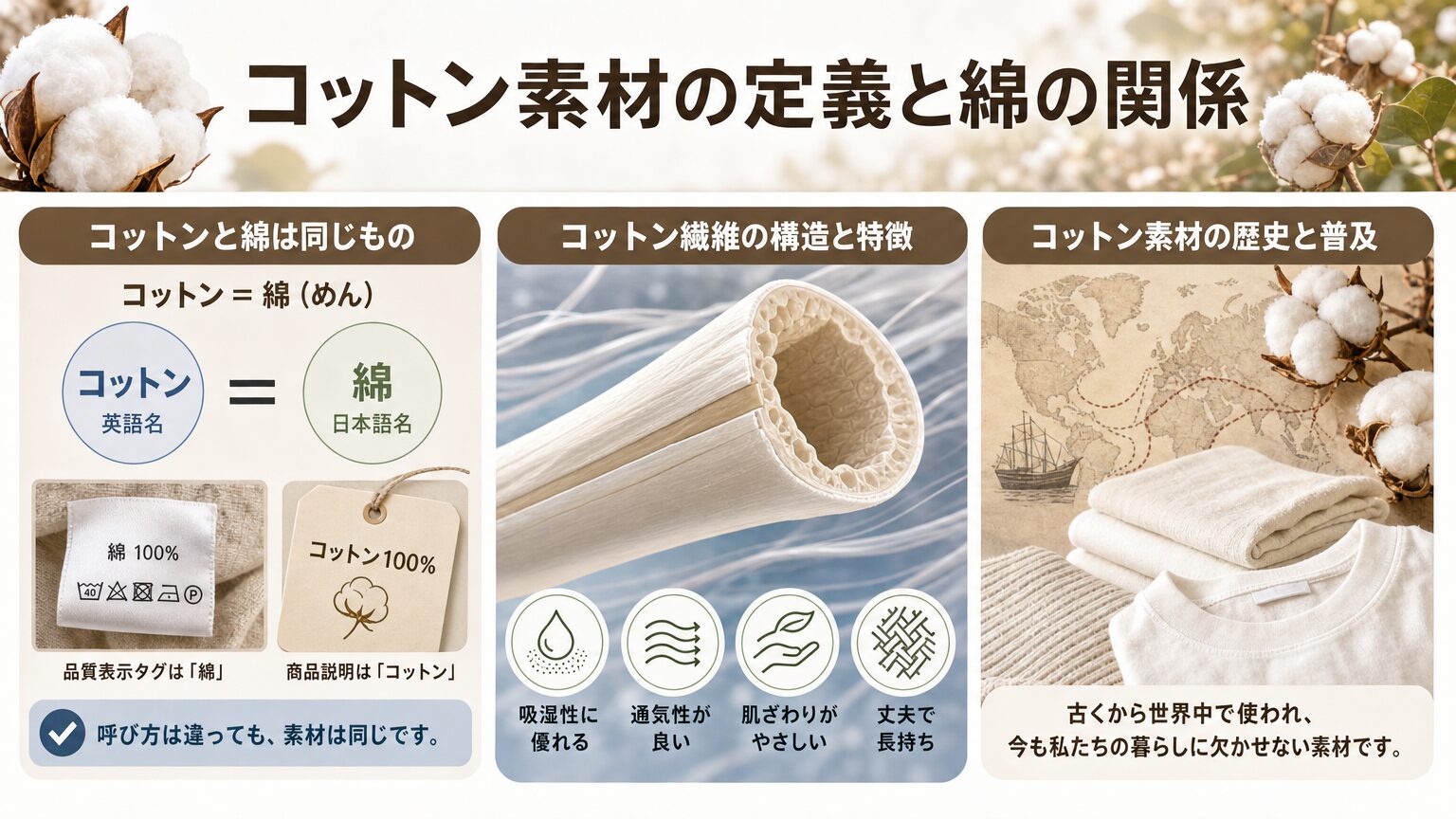 コットン素材の定義と綿の関係