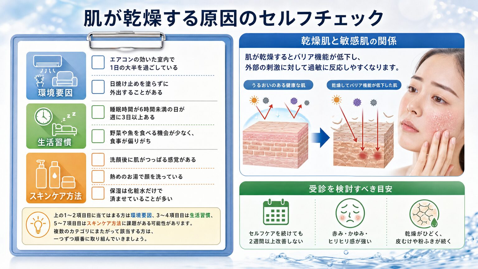 肌が乾燥する原因のセルフチェック