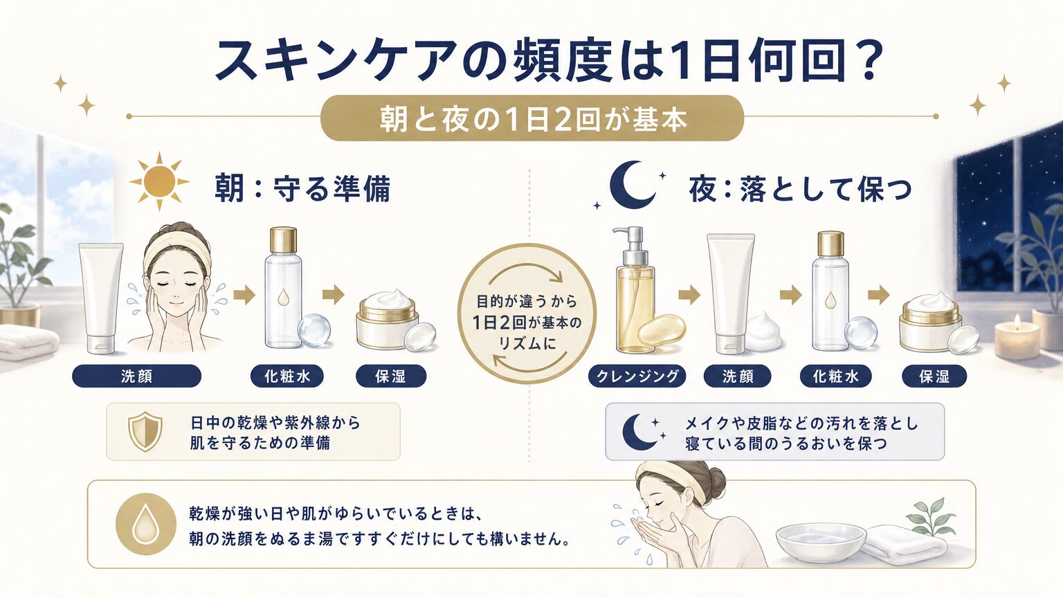 朝と夜のスキンケアの目的と回数の目安を示した図解